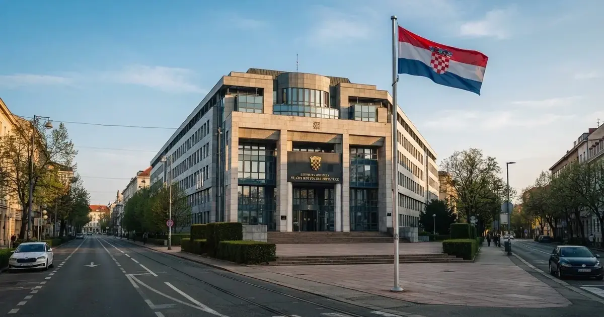 Moderna uredska zgrada državne uprave u Zagrebu sa zastavom Republike Hrvatske, snimljena u vedro jutro.