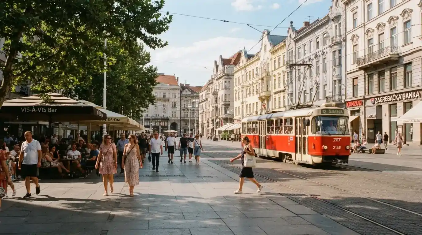 Pogled na zagrebački trg s tramvajem i šetačima u sunčano poslijepodne.